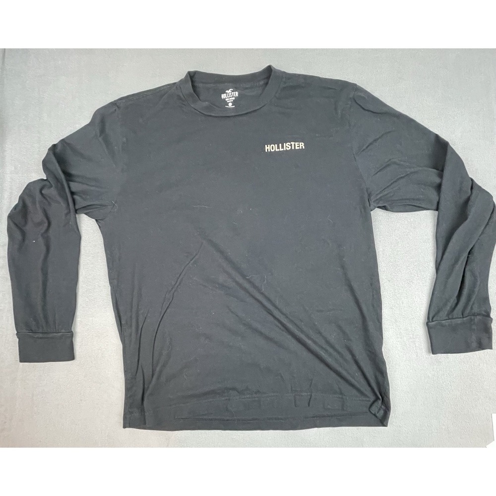 Hollister Crew Neck Shirt Mens L Black Long Sleeve Portrait Back Cotton Relaxed